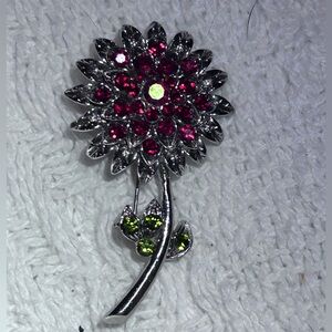 Silver Floral Brooch with Red and Green Crystals